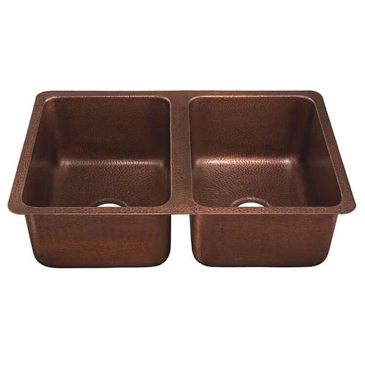 Thompson Villa 30" Hammered Antique Copper Double Bowl Kitchen Sink - KDU-3120AH with two basins
