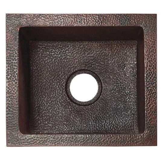 Thompson Kahlo 17" Fleur de Lys Hammered Copper Kitchen Sink - KPA-1715BC showing square basin design.