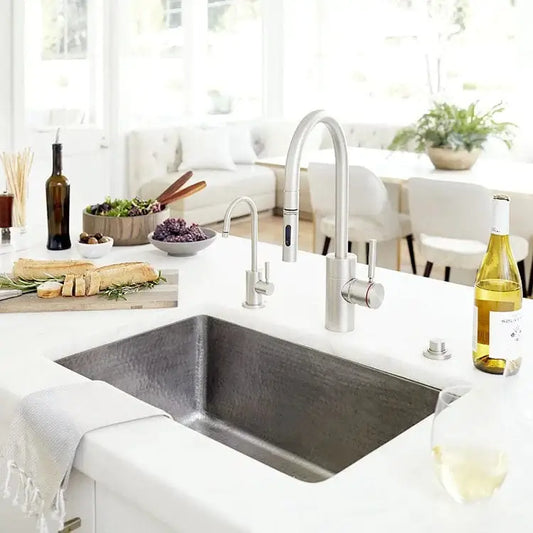 Thompson Villa 30" Hammered Stainless Steel Single Bowl Kitchen Sink - KSU-3020HSS in a modern kitchen setting.