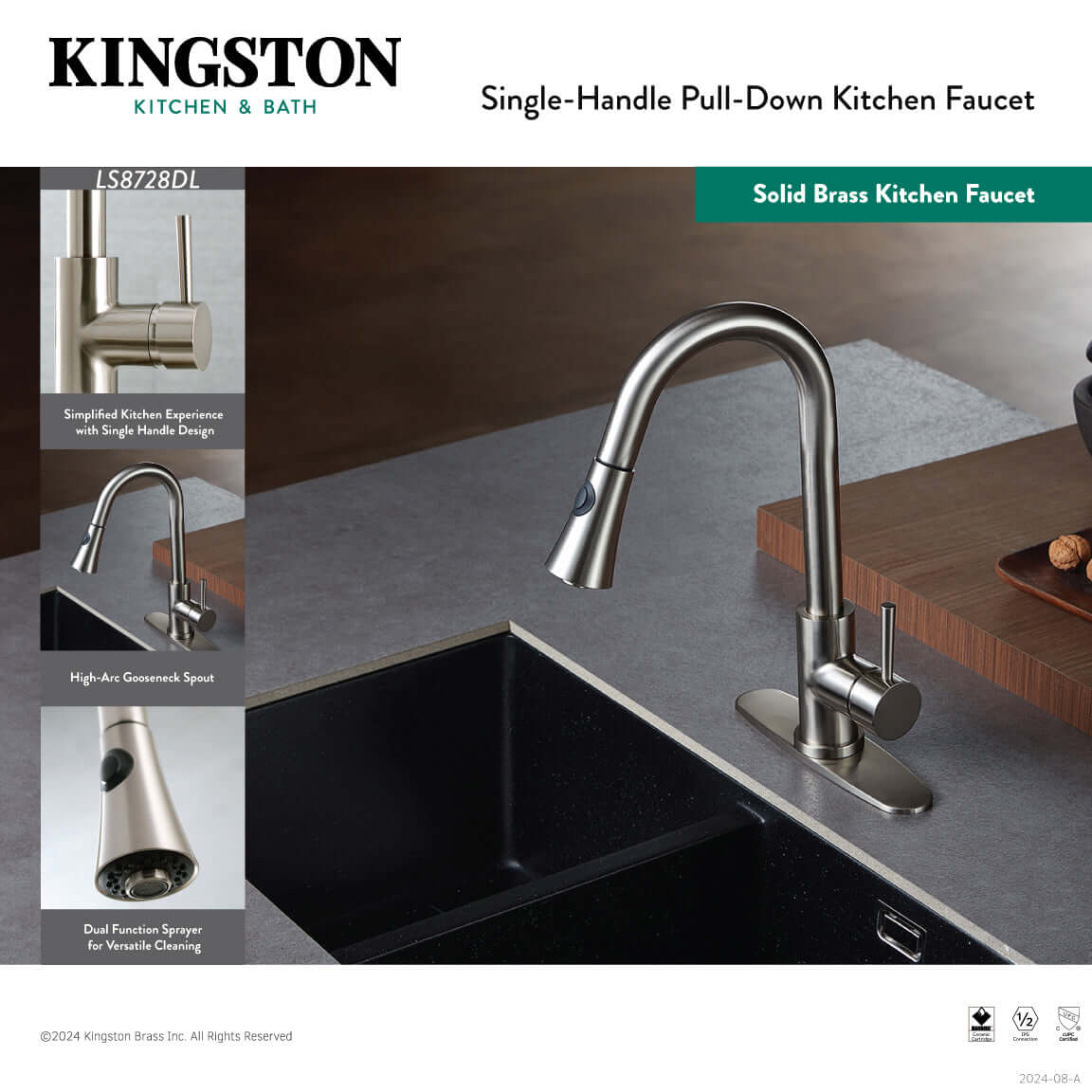 Kingston Brass LS8723DL Concord Pull-Down Kitchen Faucet showcasing high-arch gooseneck design in modern kitchen setting.
