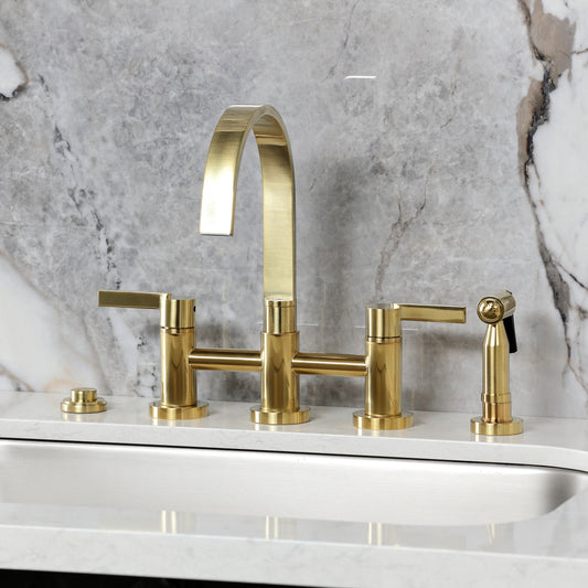 Kingston KS8267CTLBS Continental Bridge Kitchen Faucet with Brass Sprayer, Brushed Brass on marble countertop