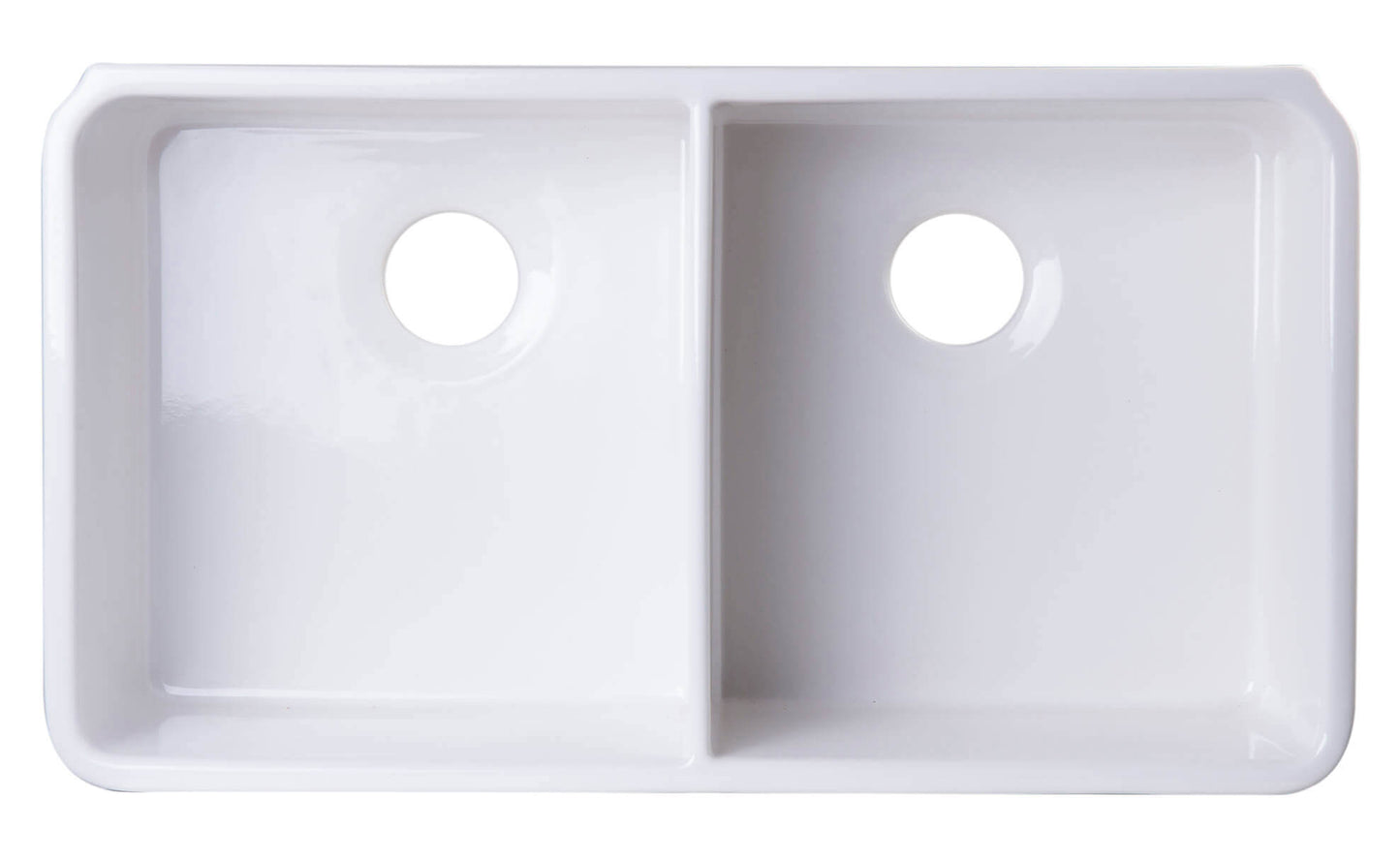 ALFI brand AB512 32" Double Bowl Fireclay Farmhouse Sink with equal bowls and sink holes.