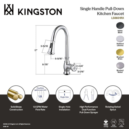Kingston Brass LS8693RX Belknap Pull-Down Kitchen Faucet dimensions and features illustrated with polished chrome finish