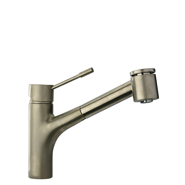 LATOSCANA Elba Pull-Out Kitchen Faucet Dual Function Chrome front view in brushed nickel finish.