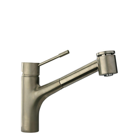 LATOSCANA Elba Pull-Out Kitchen Faucet Dual Function Chrome front view in brushed nickel finish.