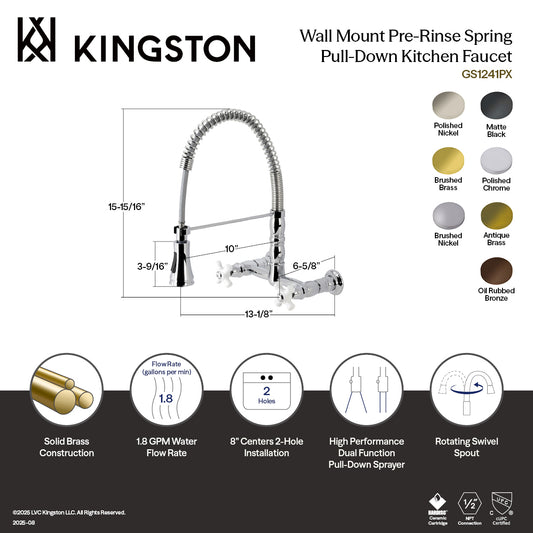 Gourmetier GS1243PX Heritage Double-Handle Wall-Mount Pre-Rinse Bridge Kitchen Faucet, Antique Brass dimensions and features diagram