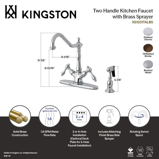 Kingston KS1238TALBS Tudor Two-Handle Kitchen Faucet with Brass Sprayer, Brushed Nickel in polished chrome finish