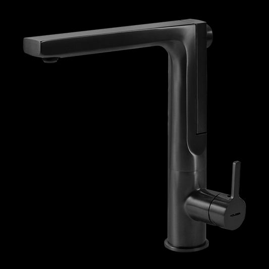 HOUZER ASCEND Matte Black Integrated Single Handle Pull-Up Kitchen Faucet with a contemporary design featuring a dual-function hand spray.