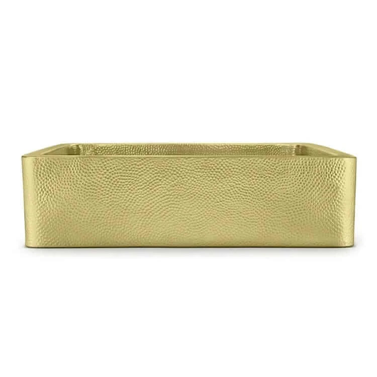 Thompson Quiroga 33" Hammered Semi-Satin Brass Farmhouse Kitchen Sink - KSA-3322HPB in stylish gold finish.