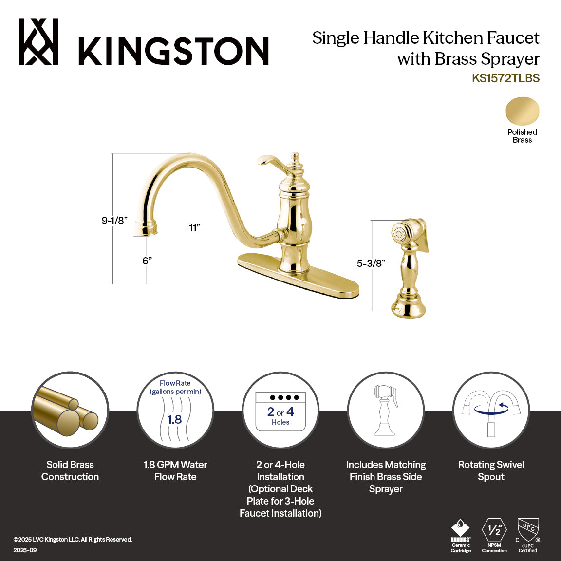 Kingston KS1572TLBS Gourmetier Single-Handle Kitchen Faucet with Brass Sprayer, Polished Brass design and dimensions.