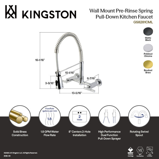 Kingston Brass GS8287CML Manhattan Double-Handle Wall-Mount Pre-Rinse Bridge Kitchen Faucet, Brushed Brass