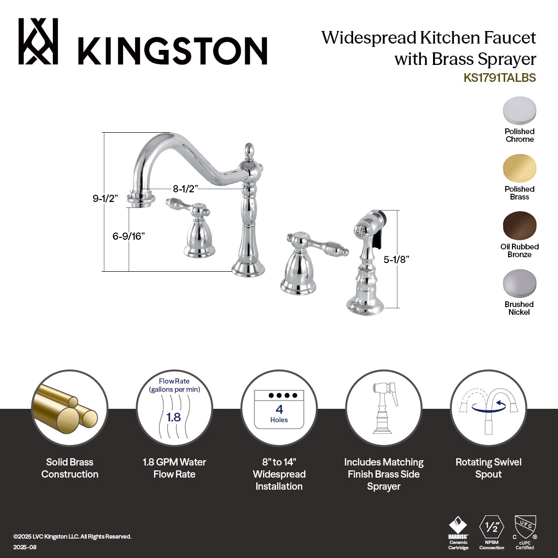 Kingston Brass KS1798TALBS Tudor Double-Handle Widespread Kitchen Faucet with Brass Sprayer, Brushed Nickel