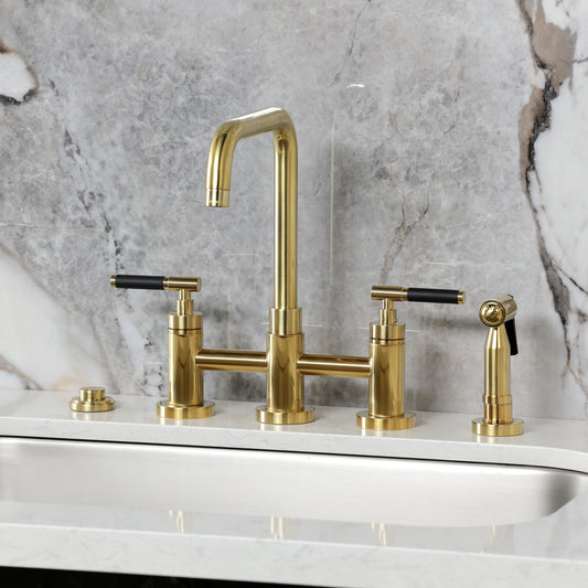 Kingston KS8287CKLBS Kaiser Bridge Kitchen Faucet with Brass Sprayer, Brushed Brass on marble countertop.