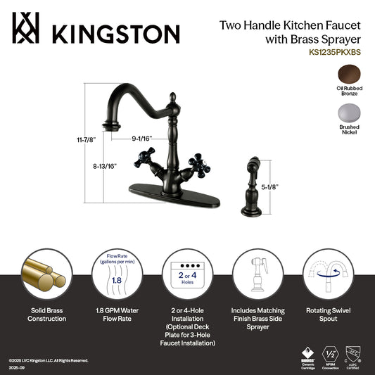 Kingston KS1238PKXBS Duchess Two-Handle Kitchen Faucet with Brass Sprayer, Brushed Nickel with measurements and features