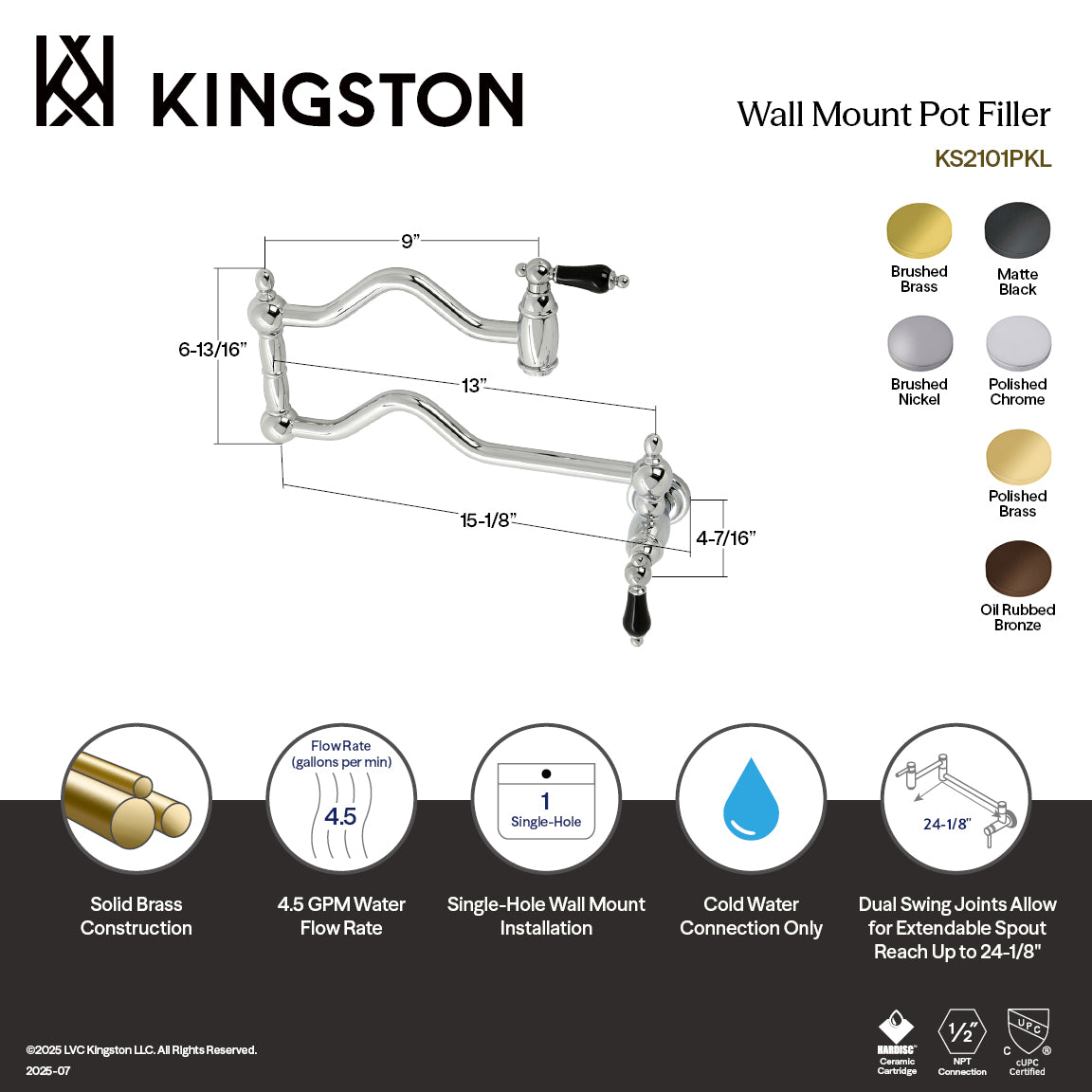 Kingston Brass KS2107PKL Duchess Wall Mount Pot Filler Faucet, Brushed Brass with black porcelain handles and dimensions.