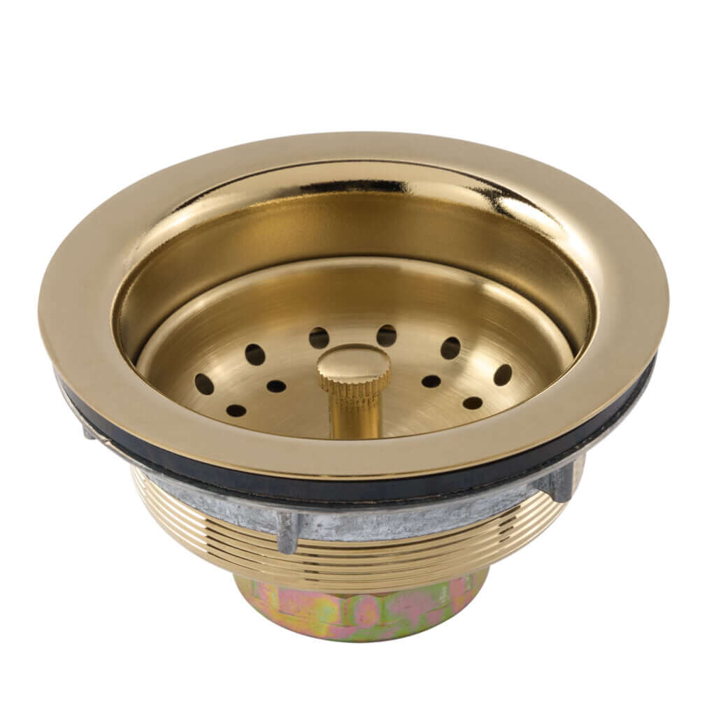 Thompson Traders Antique Satin Gold Basket Strainer - TDB35-SG, precision-matched drain assembly for Quintana Collection.