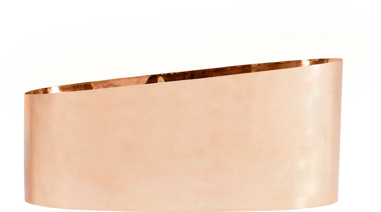 Side view of Thompson Baccarac Hand Hammered 14 Gauge Solid Copper Bath Tub showing angled shape and finishes