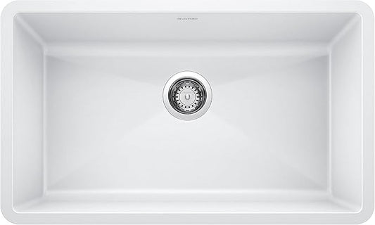 White undermount Blanco Precis 32" Silgranit kitchen sink on a white background