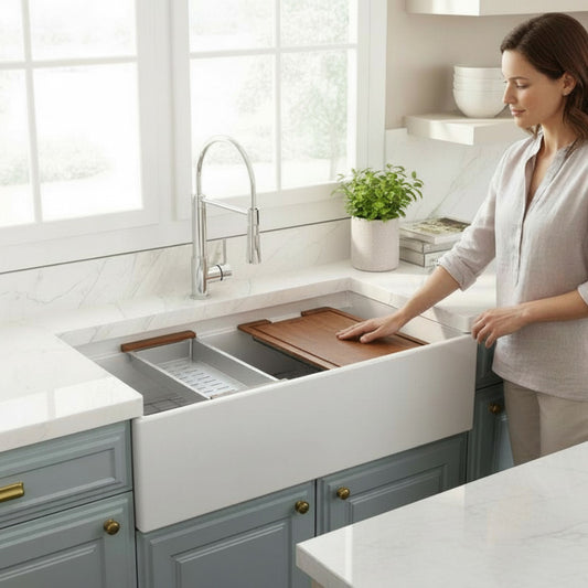 Woman touching the cutting board accessary in a Bocchi 36" Farmhouse Workstation sink