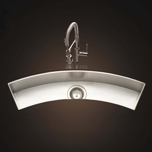 HOUZER CONTEMPO TROUGH 33" Stainless Steel Undermount Single Curved Bowl Bar Sink with Strainer & Grid - CTC-3312 top view with faucet