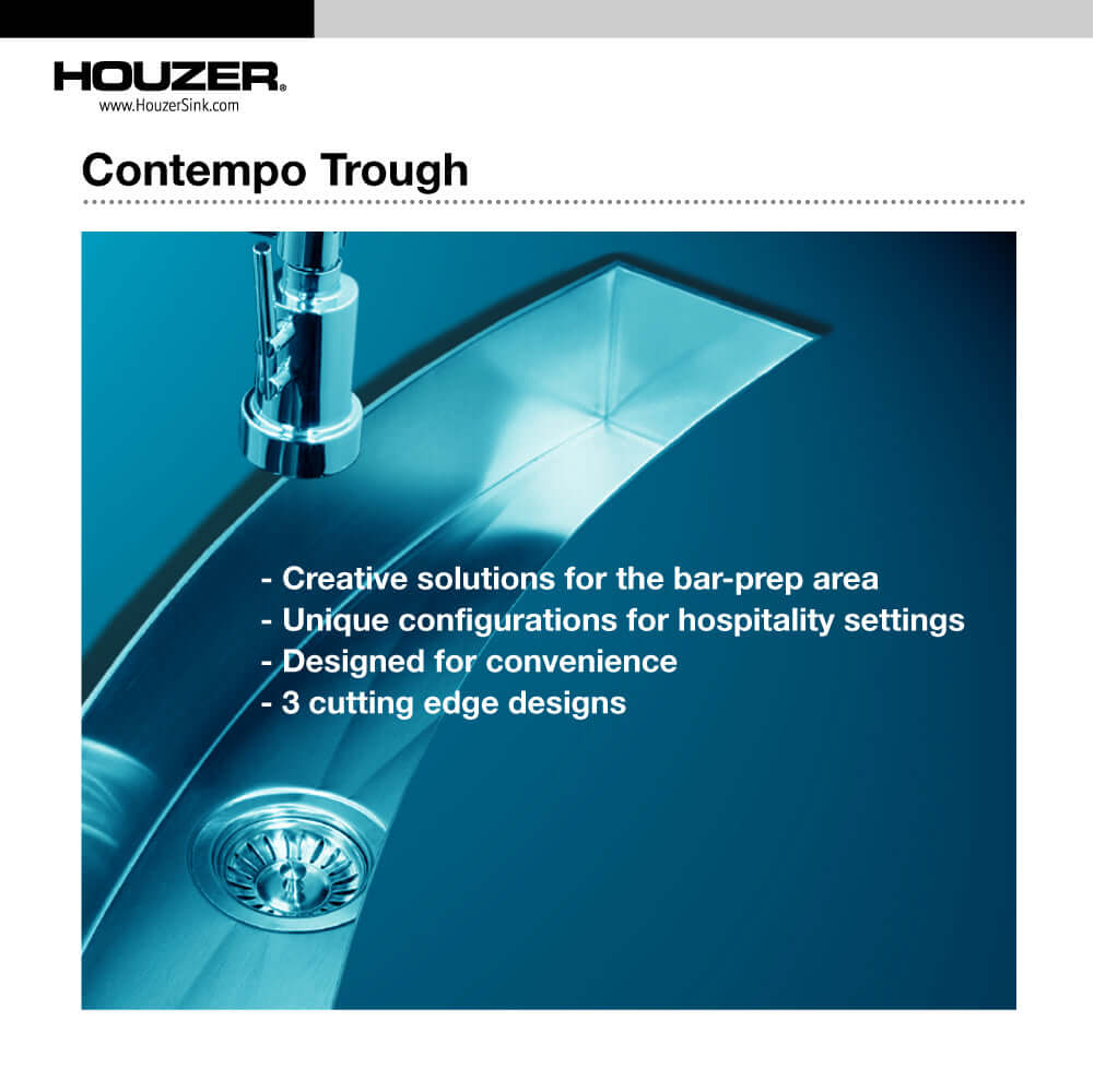 HOUZER CONTEMPO TROUGH 33" Stainless Steel Undermount Single Curved Bowl Bar Sink with Strainer & Grid - CTC-3312 design overview