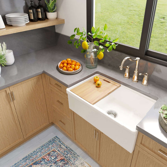 Nantucket 30" Single Bowl Workstation Fireclay Sink with Cuttingboard - Dennis30SG front view with kitchen decor and fruits.