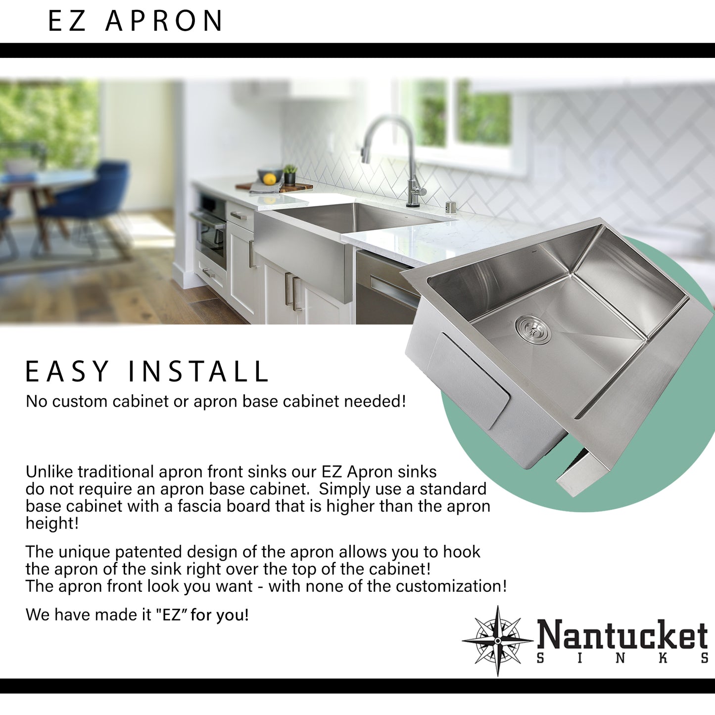 Nantucket EZApron retrofit apron front sink installed in existing cabinet