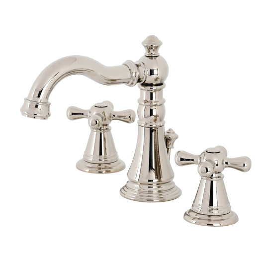 Kingston Brass FSC1979AAX widespread polished chrome bathroom faucet set on a white background