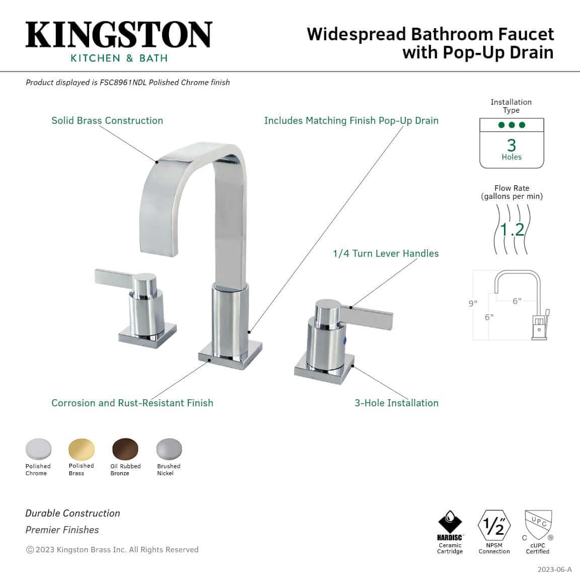 KINGSTON Brass Fauceture NuvoFusion Widespread Bathroom Faucet with pop-up drain, demonstrating 3-hole installation and lever handles.