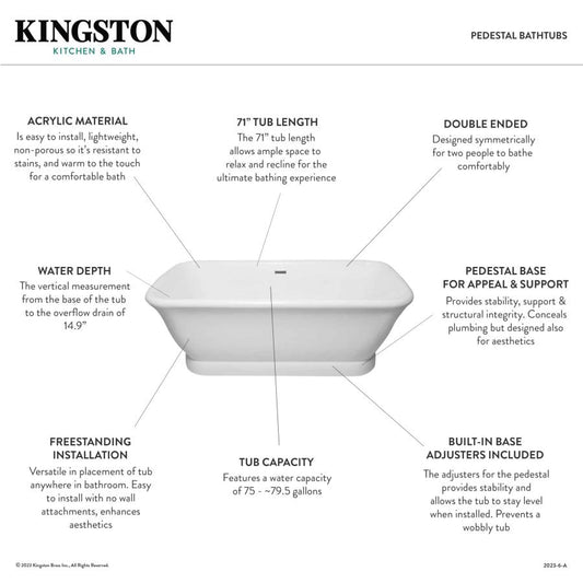 Aqua Eden 71-Inch Acrylic Oval Rectangular Double Ended Pedestal Tub with Drain (No Faucet Drillings), Glossy White top view displaying features.