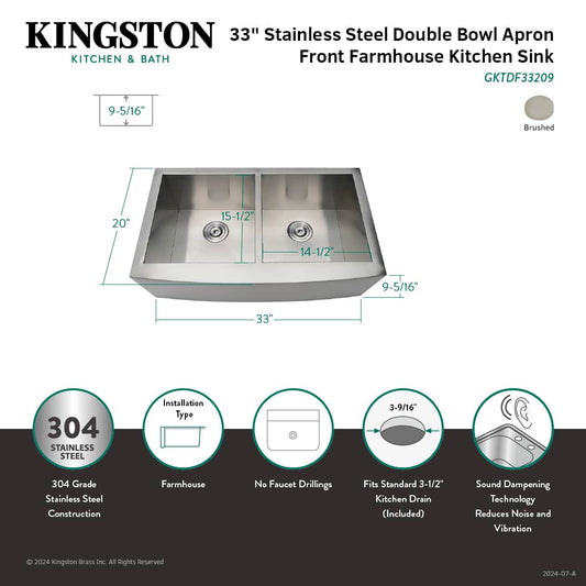 Feature sheet for Kingston stainless steel double bowl apron front farmhouse kitchen sink with dimensions