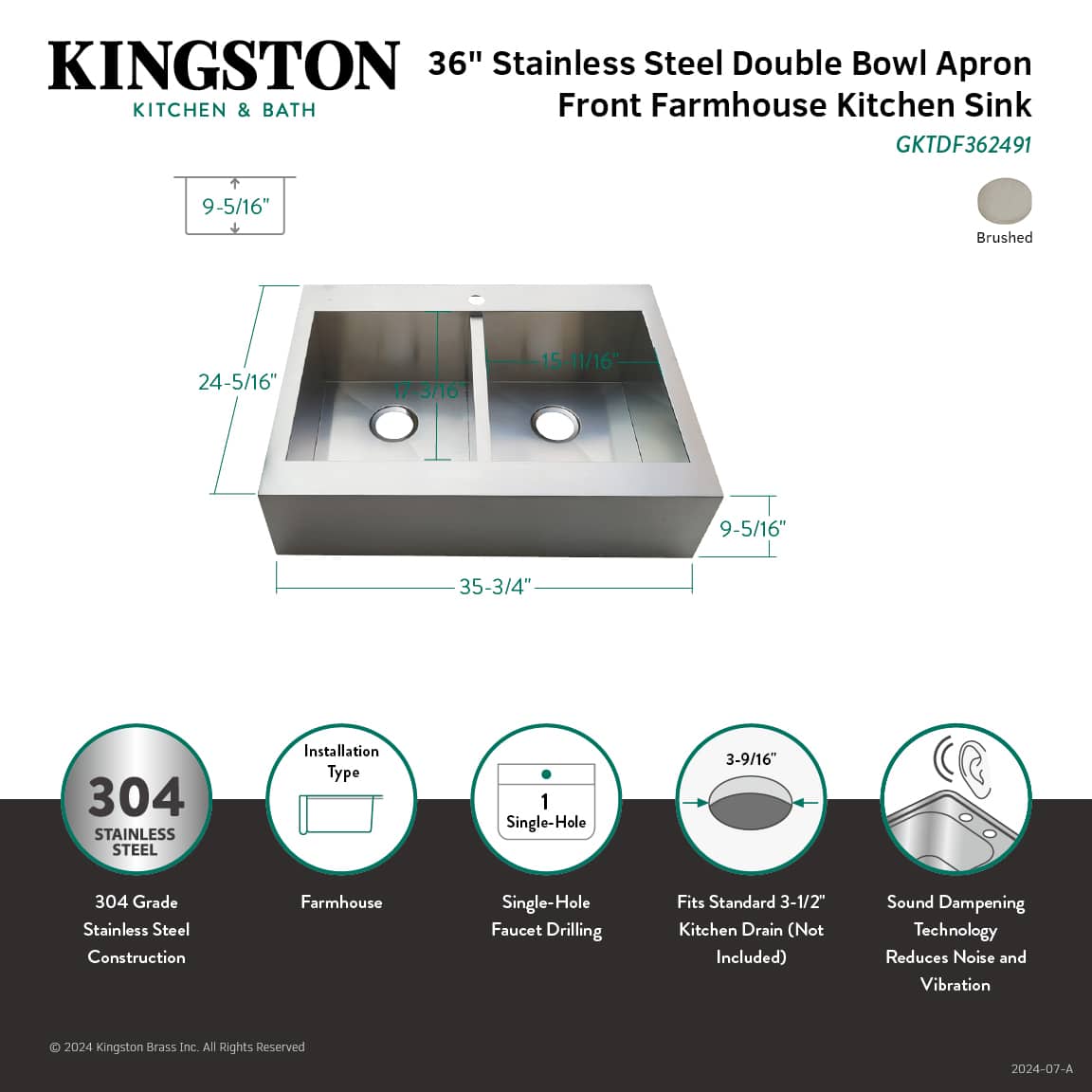Detailed view of the Kingston Brass 36" Apron Front Double Bowl Farmhouse Kitchen Sink showing dimensions and features.