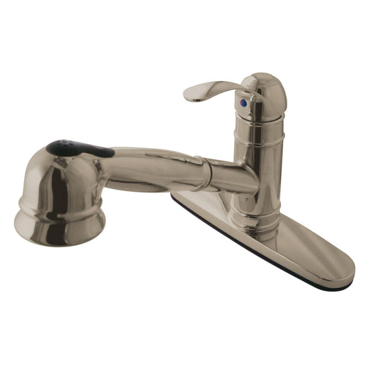 KINGSTON Brass Gourmetier Eden Single-Handle Pull-Out Kitchen Faucet - Brushed Nickel with traditional design and pull-out functionality.
