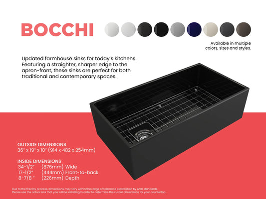 BOCCHI CONTEMPO 36" Fireclay Farmhouse Single Bowl Kitchen Sink with Protective Bottom Grid and Strainer