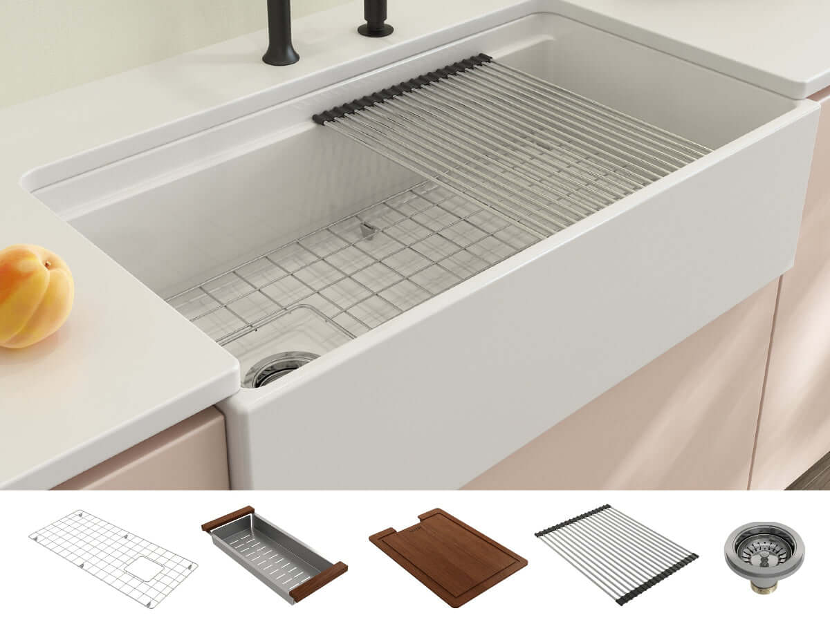 BOCCHI CONTEMPO 36" Fireclay Workstation Farmhouse Sink with Accessories, featuring integrated ledge and accessories.