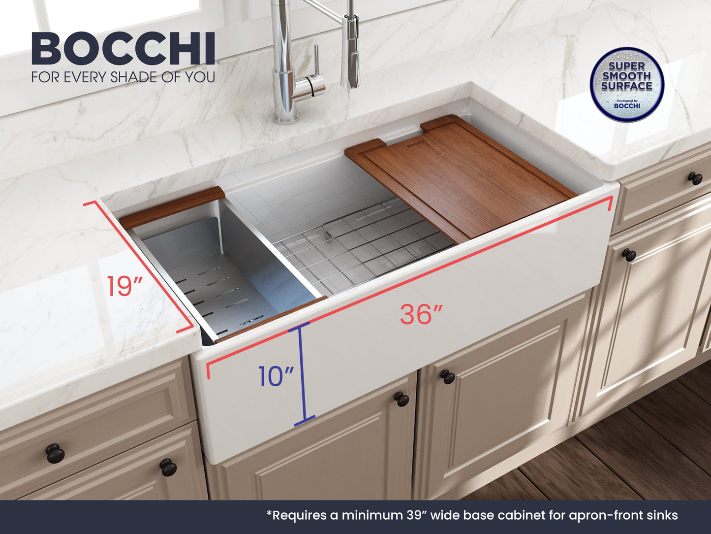 BOCCHI CONTEMPO 36" Step Rim With Integrated Work Station Fireclay Farmhouse Single Bowl Kitchen Sink with Accessories - White