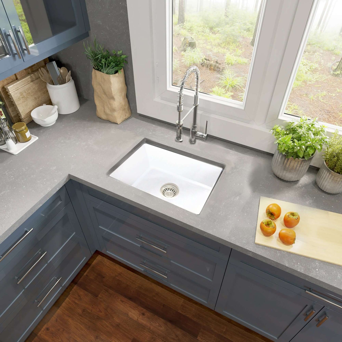 Aerial view of the Nantucket 24" Island Collection Fireclay White Single Bowl Dualmount Sink ISFC24W-SB1 in a modern kitchen.