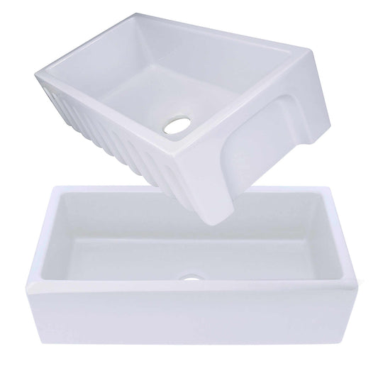 Nantucket 36" Reversible Italian Fireclay Farmhouse Sink - ISFCW36x18SO showcasing fluted and smooth sides.
