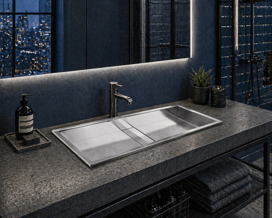 Ruvati 33" Ariaso Semi-Recessed Arc Bowl Bathroom Sink - RVH6244ST installed in a modern bathroom with dark decor.