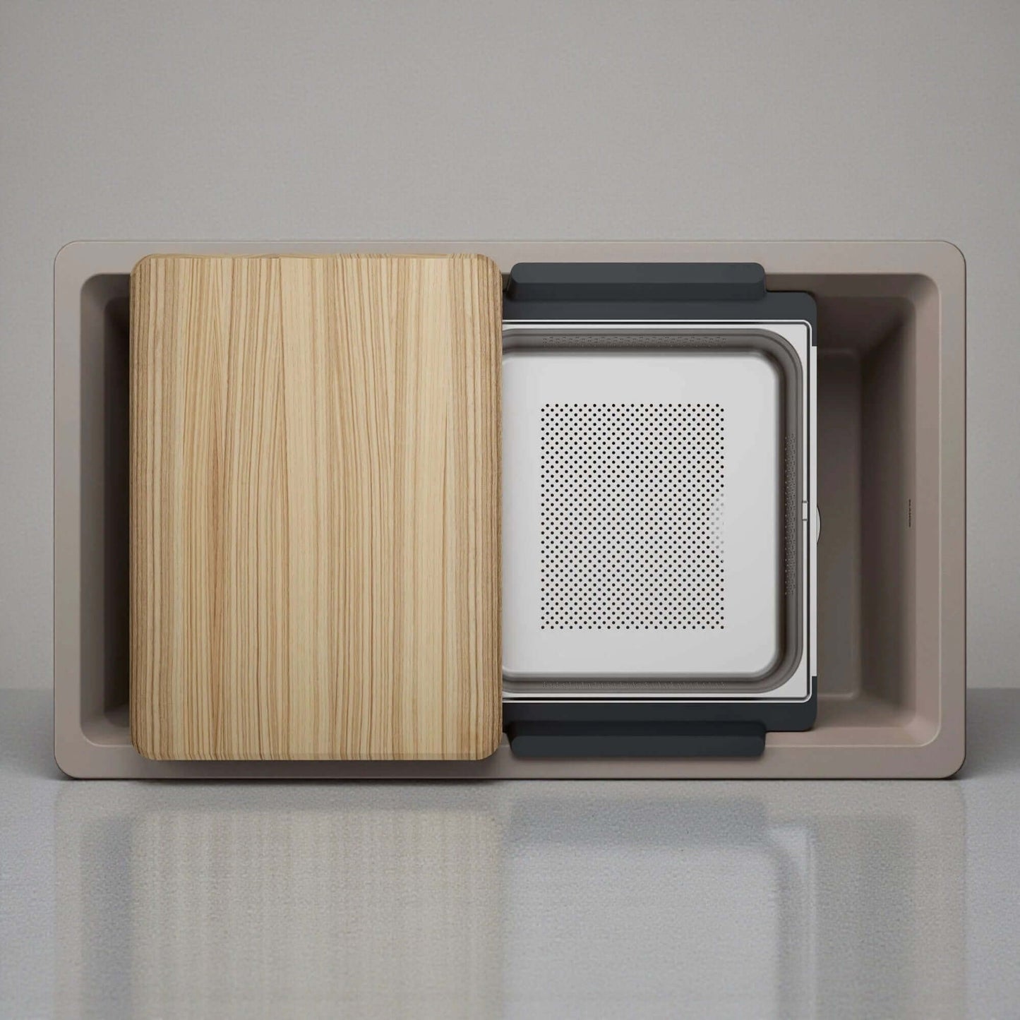 BLANCO Inteos SILGRANIT 33" Single Bowl Reversible Undermount Workstation Kitchen Sink with cutting board and colander.