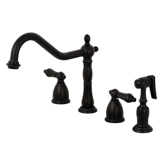 KINGSTON Brass Widespread Kitchen Faucet with Brass Sprayer - KB1790ALBS, right side view showcasing traditional elegance and functionality.