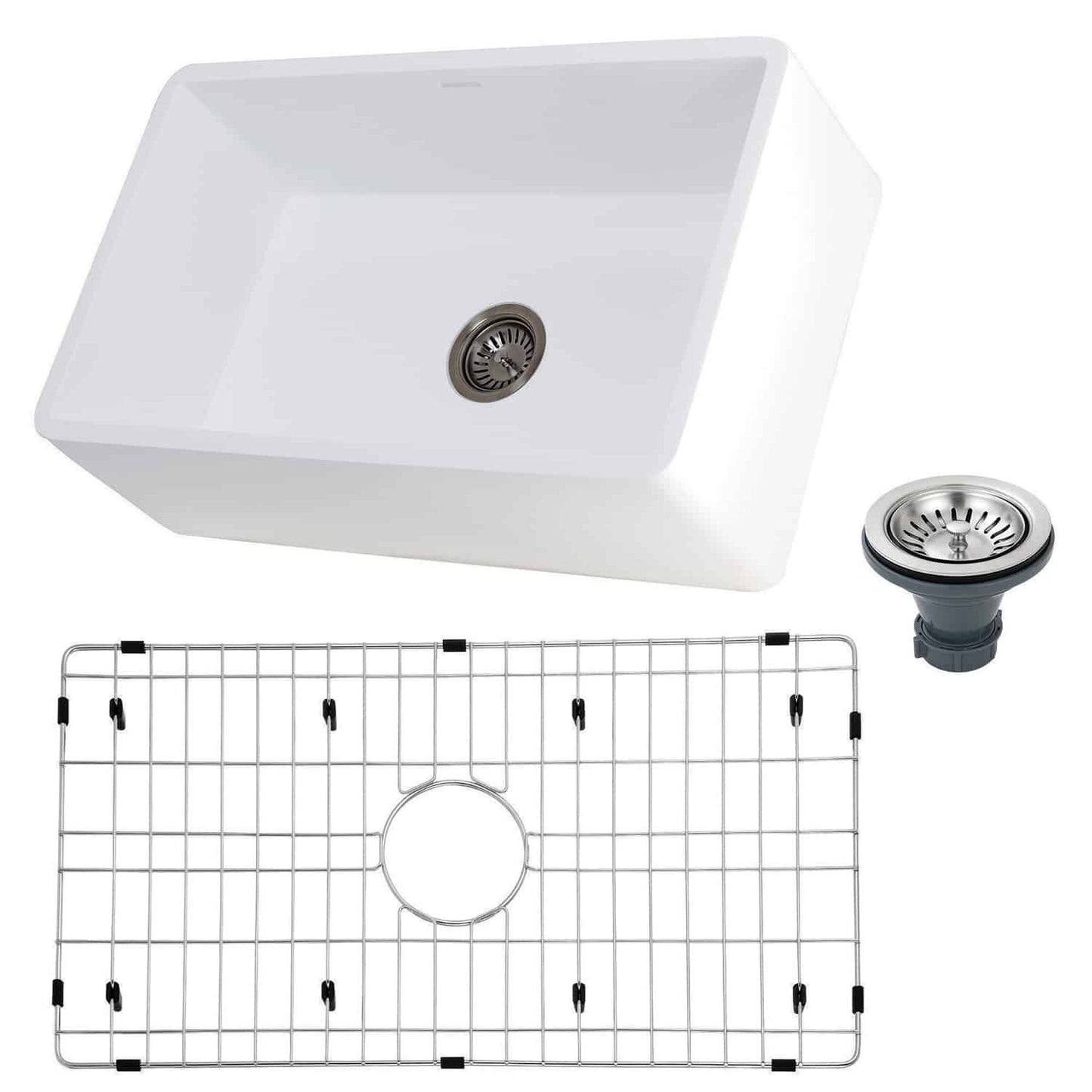 Kingston Brass 30" Apron Front Single Bowl Farmhouse Kitchen Sink - Solid Surface White Stone with sink grid and strainer.