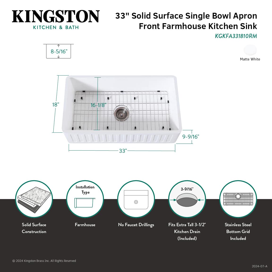 KINGSTON Brass Gourmetier 33" Farmhouse Kitchen Sink with Strainer and Grid - Matte White top view with dimensions and accessories shown