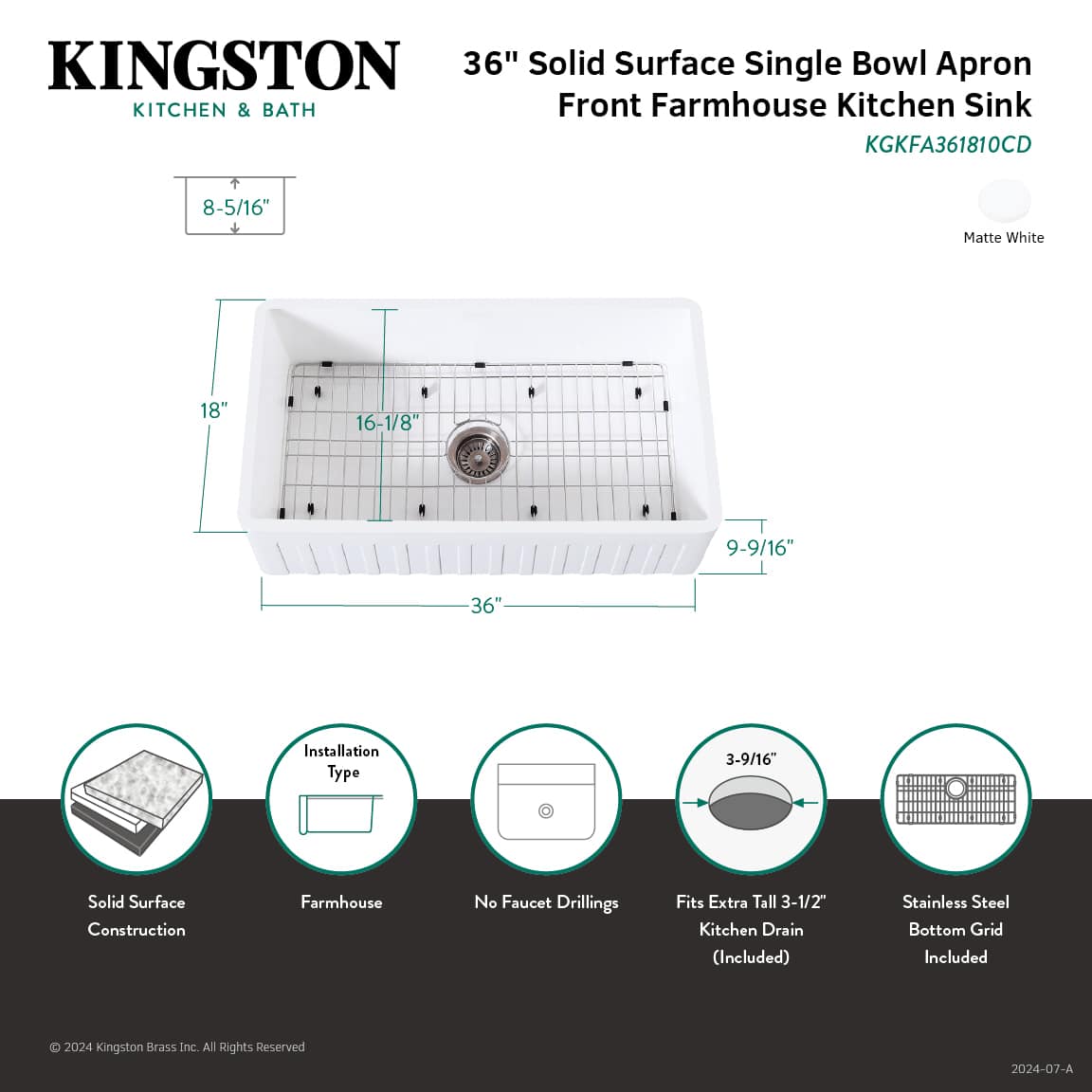 Top view dimensions of the Kingston Brass 36" Apron Front Single Bowl Farmhouse Kitchen Sink - Solid Surface White Stone.