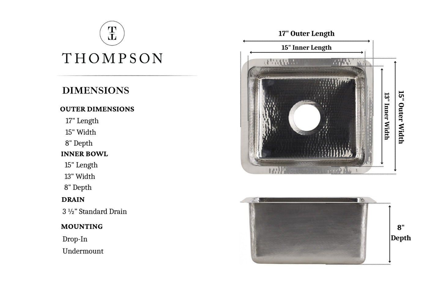 Thompson Rivera hand-hammered stainless steel bar and prep sink KPU-1715HSS, dimension drawing