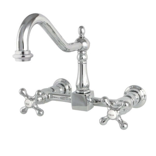 Kingston Brass Chrome Double-Handle 2-Hole Wall-Mount Bridge Kitchen Faucet with cross handles on a white background