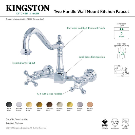 Kingston Kitchen & Bath two-handle wall mount kitchen faucet with features and finish options displayed.