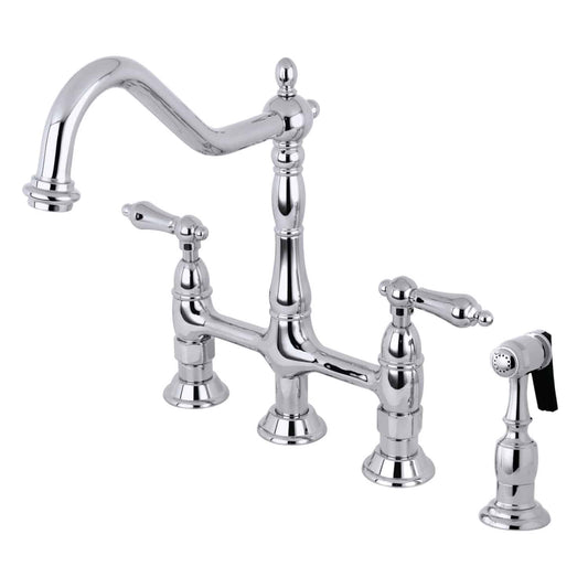 KINGSTON Brass Heritage Bridge Kitchen Faucet with Brass Sprayer, left side view showcasing traditional design and sprayer.