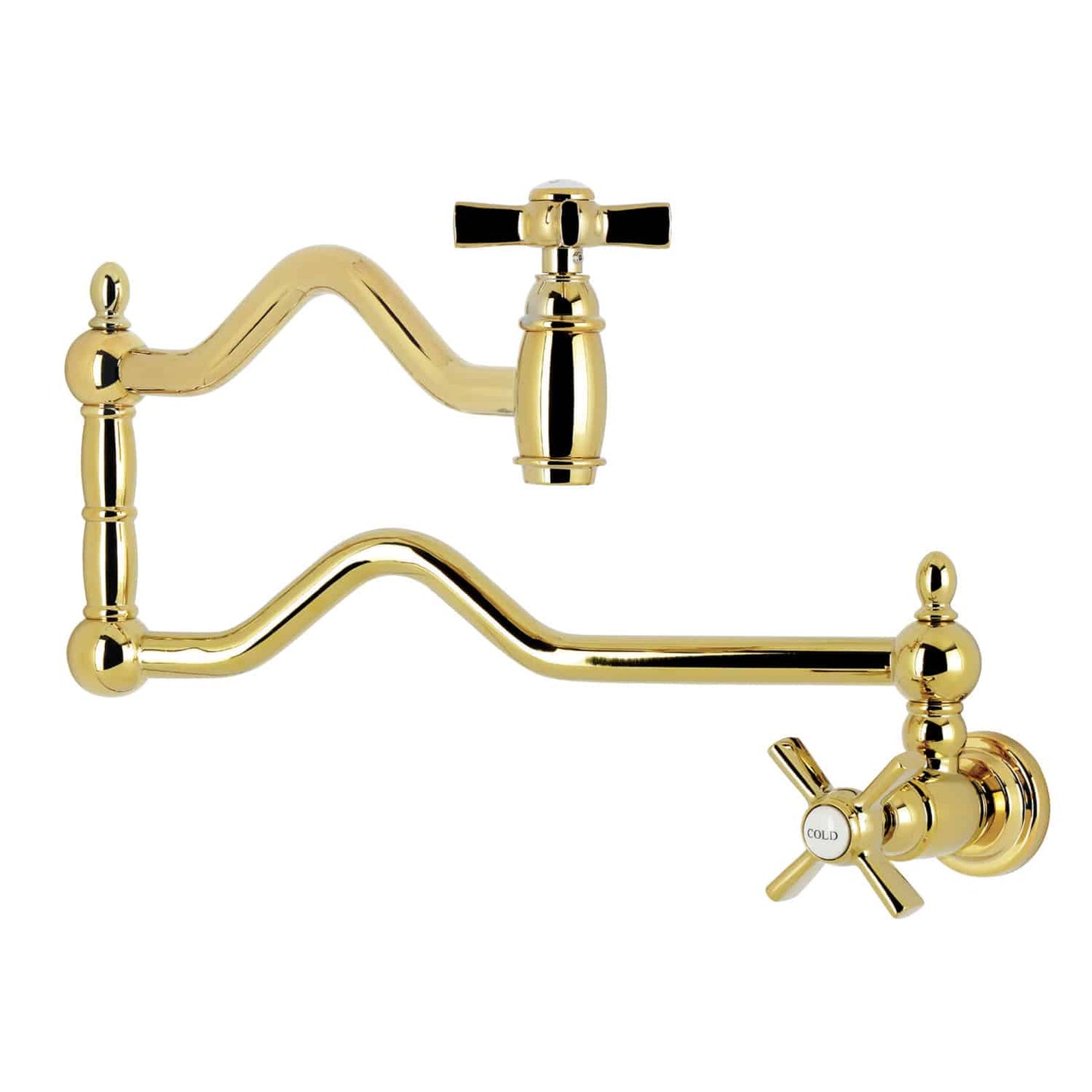 Kingston Brass KS210XZX-P Two-Handle 1-Hole Wall Mount Pot Filler Faucet right side view showcasing Art Deco design in polished brass.