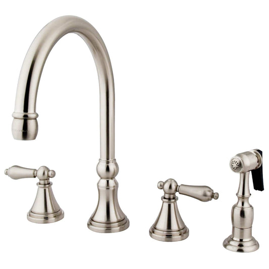 KINGSTON Brass Widespread Kitchen Faucet with Side Sprayer - KS2798ALBS in brushed nickel, showcasing elegant design and side sprayer.